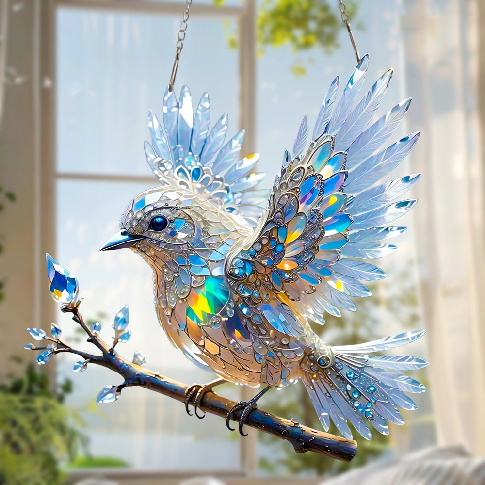 Kristalblauwe vogel in de lucht - glas in lood hanger