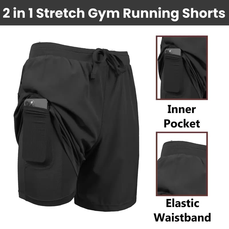 2-in-1 stretchy, actieve en sneldrogende joggingshort met voering voor heren
