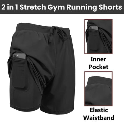 2-in-1 stretchy, actieve en sneldrogende joggingshort met voering voor heren