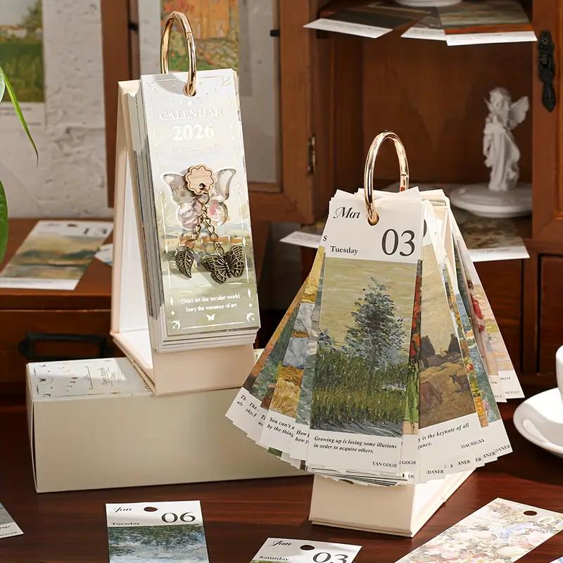 2026 Vintage / Europese stijl olieverfschilderij Flip kalender met vlinder hange