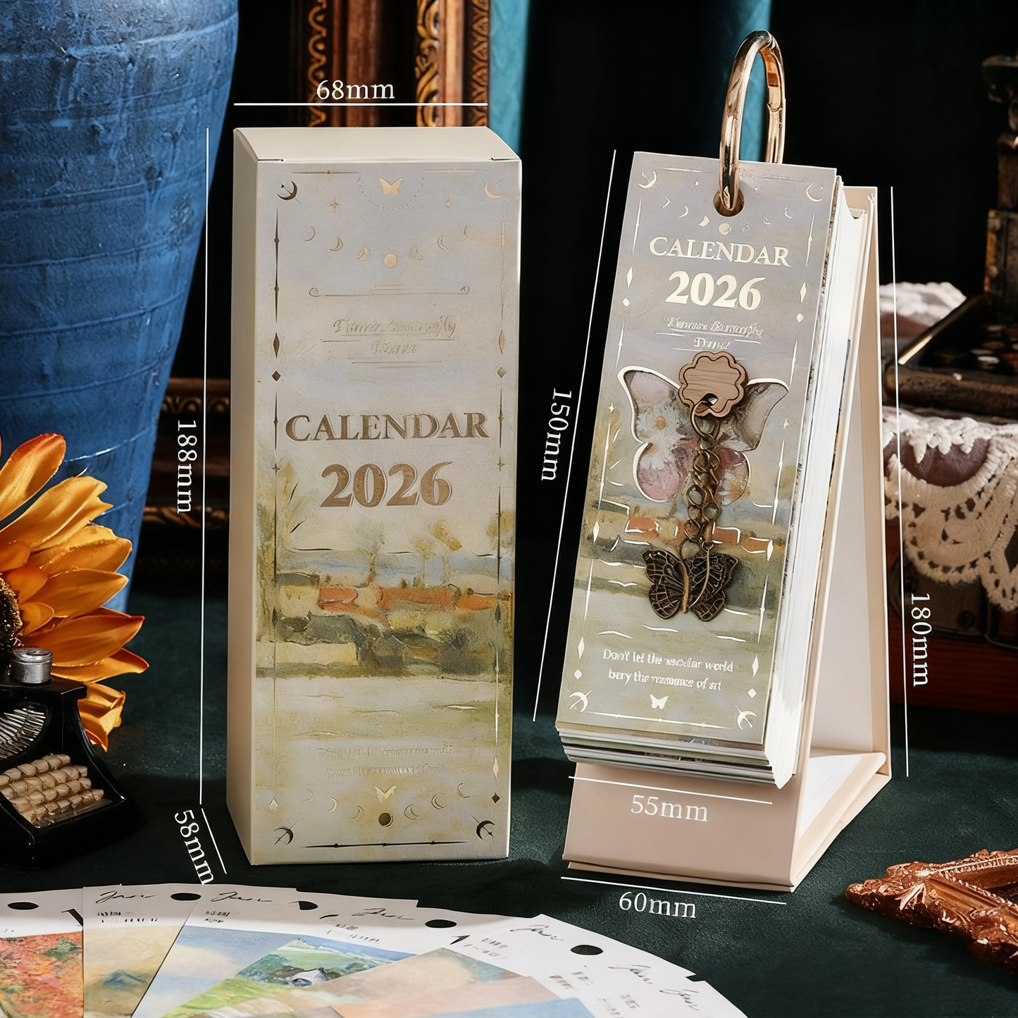 2026 Vintage / Europese stijl olieverfschilderij Flip kalender met vlinder hange