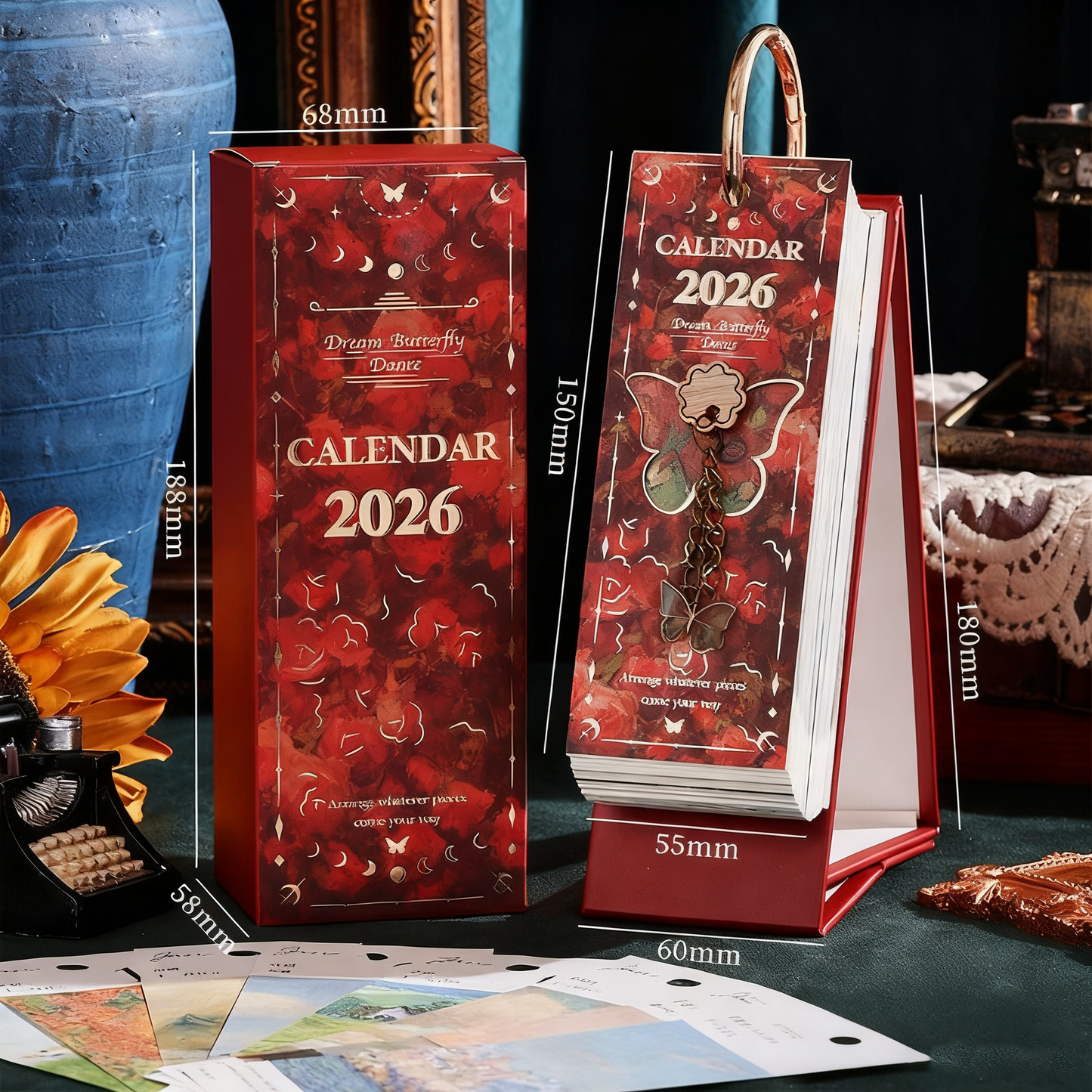 2026 Vintage / Europese stijl olieverfschilderij Flip kalender met vlinder hange