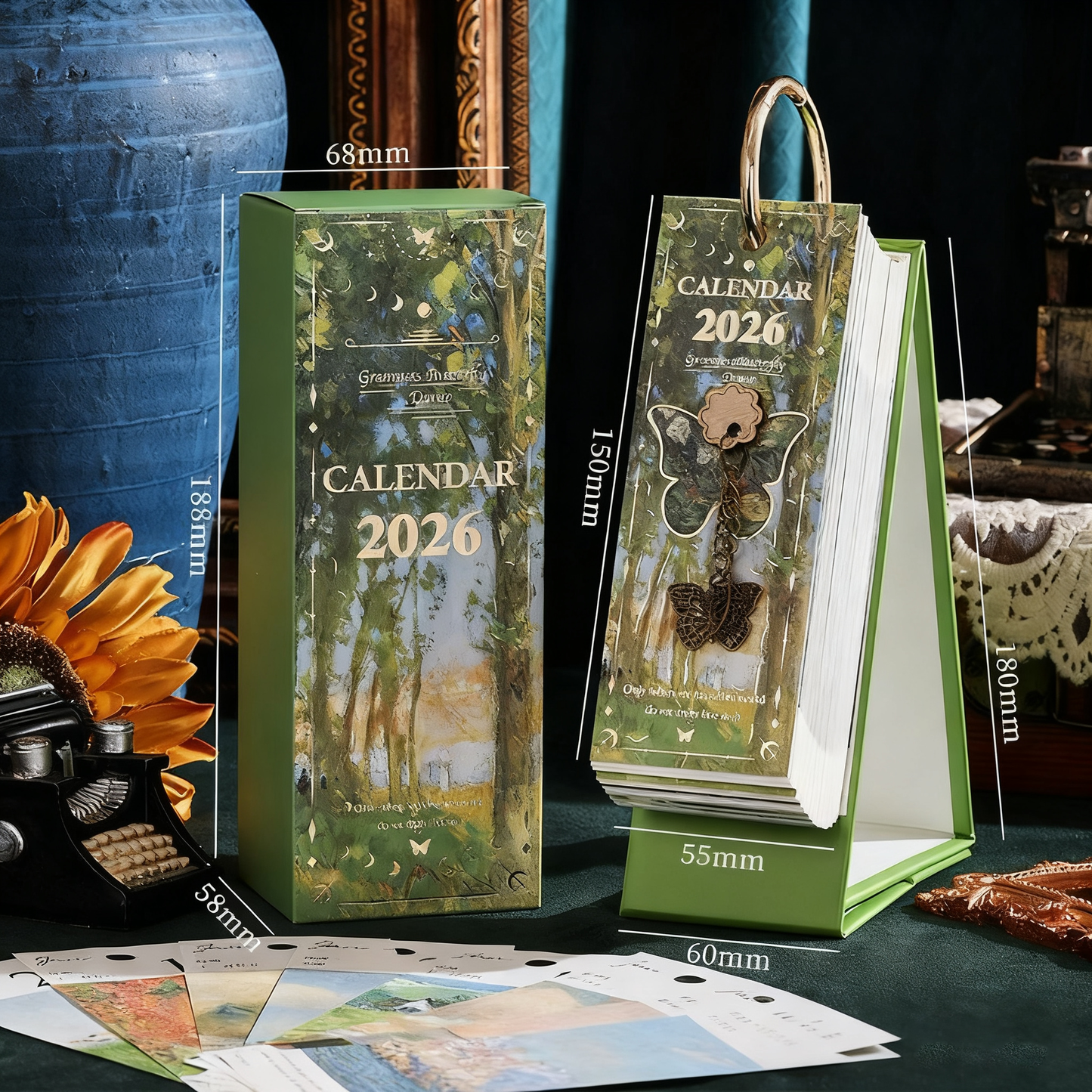 2026 Vintage / Europese stijl olieverfschilderij Flip kalender met vlinder hange