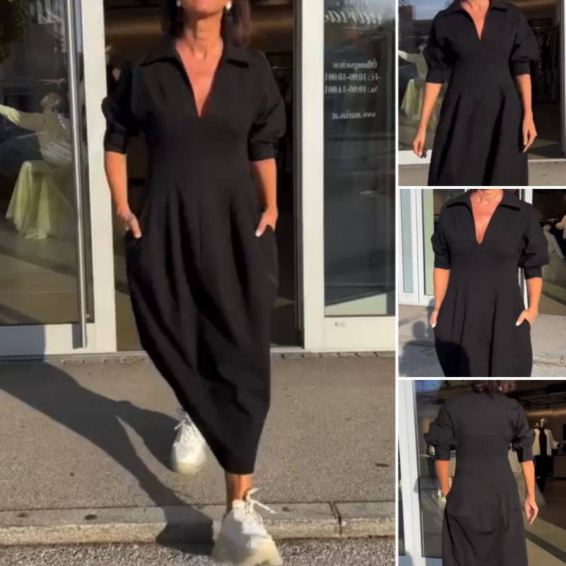 Dames midi-jurk met V-hals en hoge taille