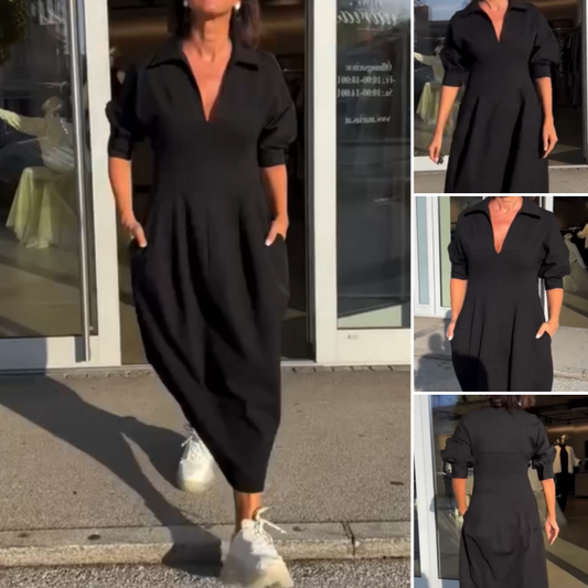 Dames midi-jurk met V-hals en hoge taille