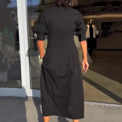 Dames midi-jurk met V-hals en hoge taille