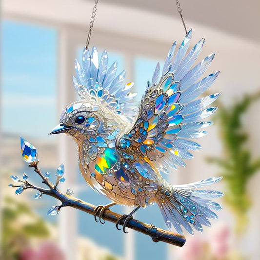 Kristalblauwe vogel in de lucht - glas in lood hanger