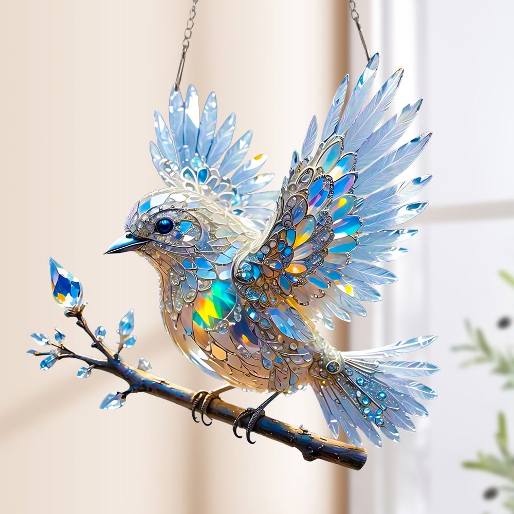 Kristalblauwe vogel in de lucht - glas in lood hanger