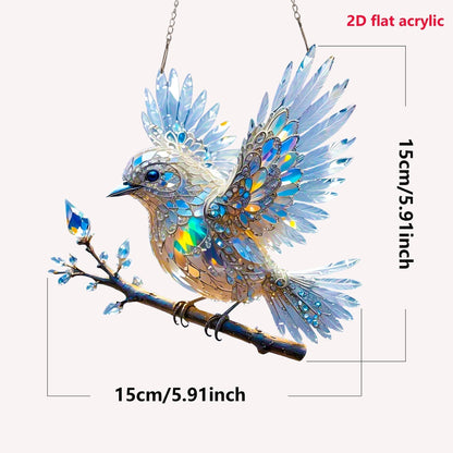 Kristalblauwe vogel in de lucht - glas in lood hanger